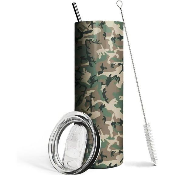 Camo Hunting Tumbler, 20oz Skinny Vacuum Insulated Travel Mug with Straw – Ideal Coffee Cup & Birthday Gift for Women