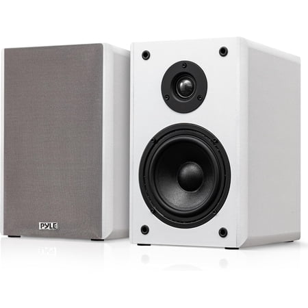Pyle 5.25” Wired Bookshelf Speakers – Pair of 2-Way HiFi Home Theater Speakers with Wall Mount Brackets, Paper Cone Woofer & Soft Dome Tweeter, Compact Design for Home Audio, White