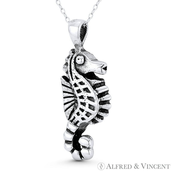 Seahorse Ocean Sealife Charm 38x16mm (1.5x0.6in) Pendant & Chain Necklace in Oxidized .925 Sterling Silver