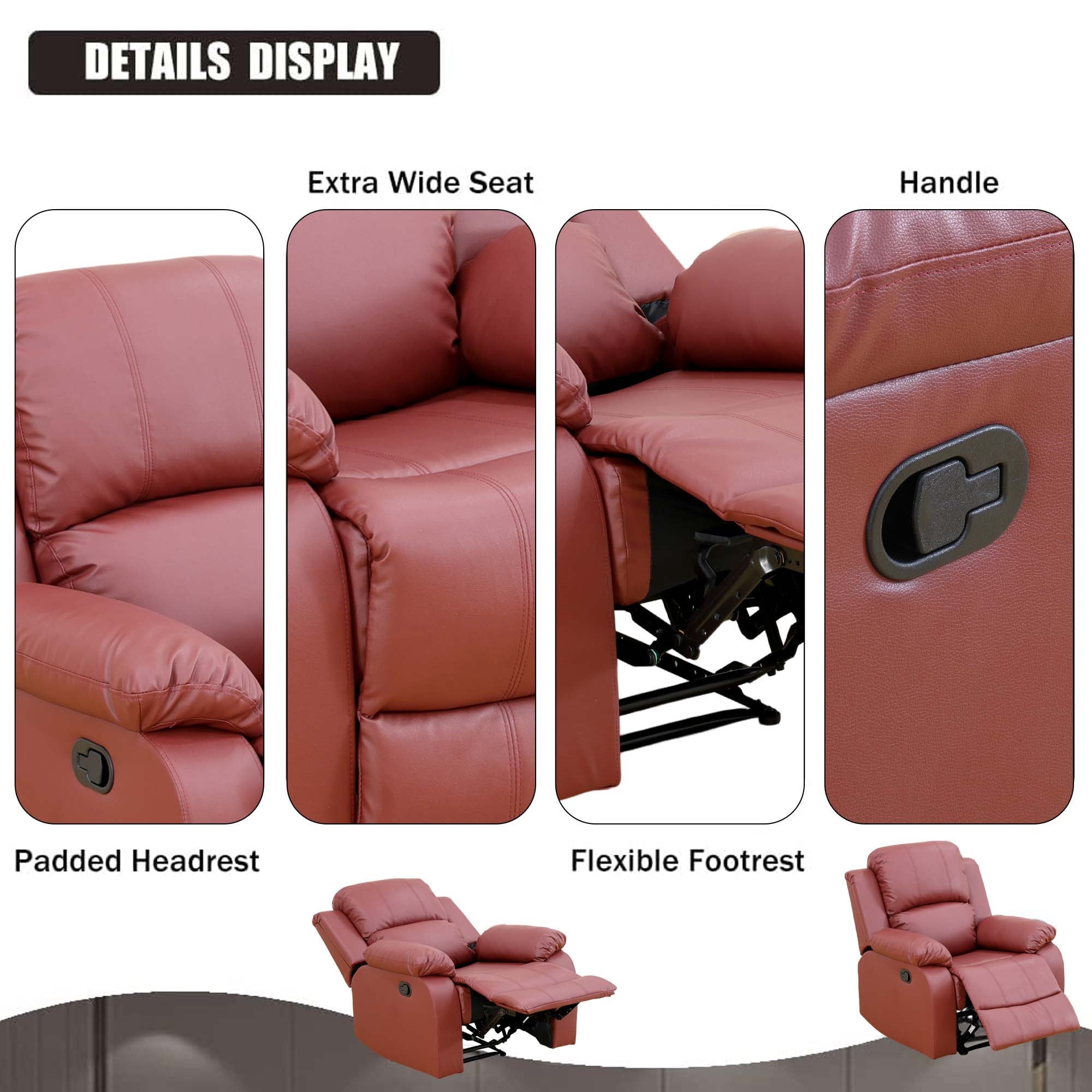 Aukfa Faux Leather Manual Recliner Chair Single Sofa Armchair for Living Room, Bedroom, Red