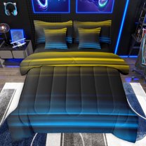 jejeloiu Geometric Lines Pattern 7-Piece Bedding Comforter Set,Abstract Neon Stripe King Bedding Sets,Yellow Black Blue Bed Sheets For Teens,Microfiber Bedroom Decor Reversible
