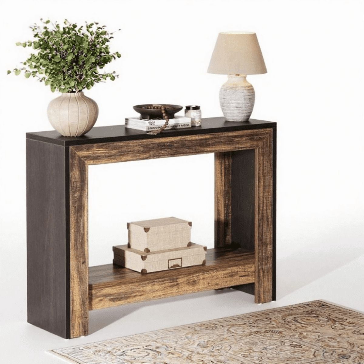 41.3" Farmhouse Console Table - Black Finish with Brown Accents, E1 Particleboard, Open Lower Shelf, Versatile for Entryway, Hallway, Living Room, Behind Couch