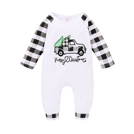 

Newborn Girls Boys Baby Christmas Jumpsuits Cartoon Plaid Long Romper Outfits 6-9 Months