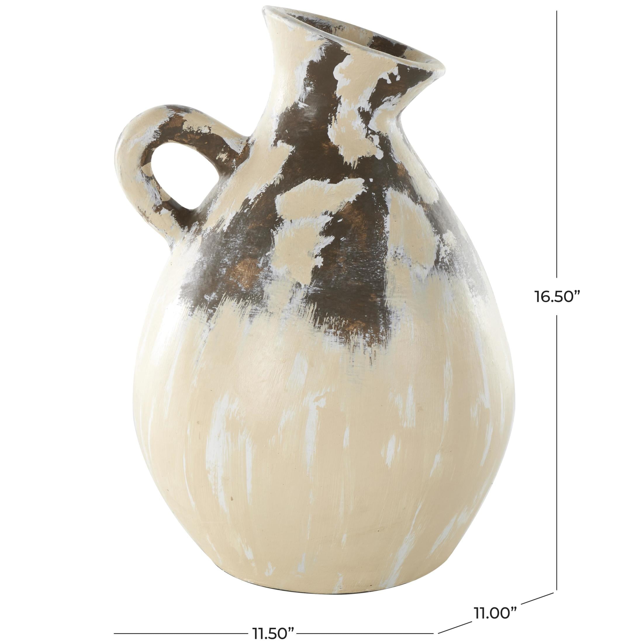 DecMode 17" Antique Style Pot Cream Ceramic Vase with Curved Handle
