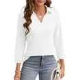 thumbnail image 3 of SWQZVT Women's V Neck Polo Shirt 3/4 Sleeve Collared Casual Business Top Loose Fit Summer Blouse, 3 of 7
