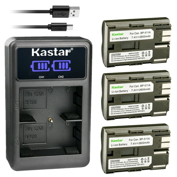 Kastar 3-Pack BP-511A Battery and LED2 USB Charger Compatible with Canon ZR85, ZR85MC, ZR90, ZR90MC, EOS 5D, EOS 10D, EOS 20D, EOS 20Da, EOS 30D, PV130, EOS Rebel DS6041, EOS 40D, EOS 50D Camera