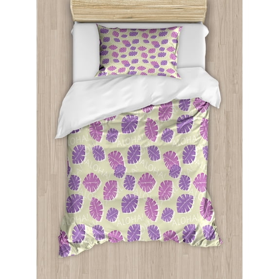 Aloha Duvet Cover Set Twin Size, Leaves Pattern in a Grunge Style Repetitive and Sketchy Violet Tones, Decorative 2 Piece Bedding Set with 1 Pillow Sham, Lavender Lilac and Eggshell, by Ambesonne