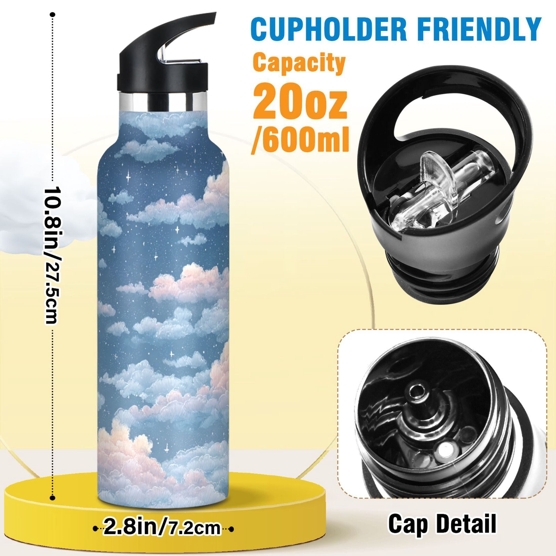 600ML Stainless Steel Insulated Cup Sports Water Bottle Portable Thermos Cup Water Glasses Insulated Tumblers Convenient and Durable Cartoon Beautiful Sky