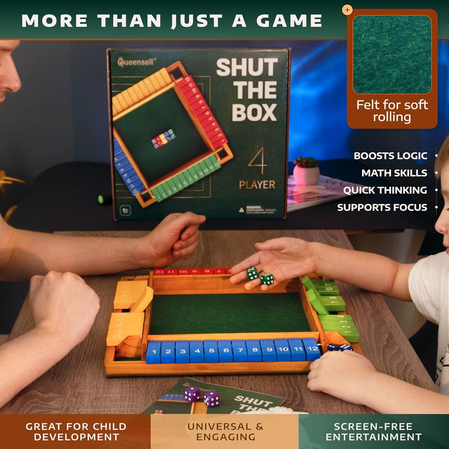 Shut The Box Game Wooden For 4 Players - Math Games -Family Games For Kids And Adults - 14-inch Close The Box Game 12 Numbers - Family Board Games