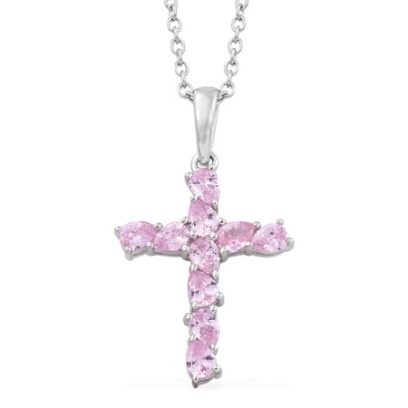 Pink Sapphire Platinum Necklace (Sterling Silver Pink Sapphire Cubic Zirconia Platinum CZ Cross Chain Pendant Necklace for Women 20