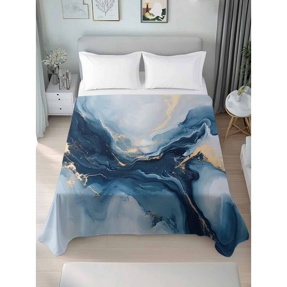 Navy Blue Marble California King Size Flat Sheet, Wrinkleproof & Fadeproof Cooling Flat Bed Sheet Only, Modern Abstract Ink Painting Breathable Soft Bedding Top Sheets 108 x 98 Inches