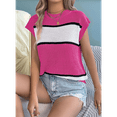 thumbnail image 4 of Women'S Summer Casual Loose Knit Sweater Color Block Stripe Round Neck Short Sleeve Vacation Top Rose Red XL, 4 of 6