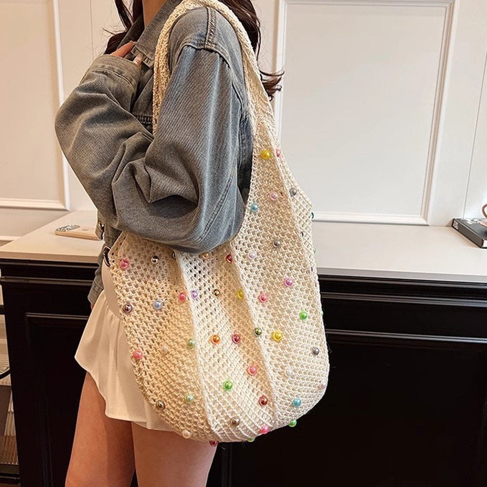 Jiibva Crochet Beach Bags Woven Travel Tote Boho Shoulder Bag Hollow Knitting Handbag Mesh Shoulder Bag Women Knitted Handbags for Holiday, Daily Work