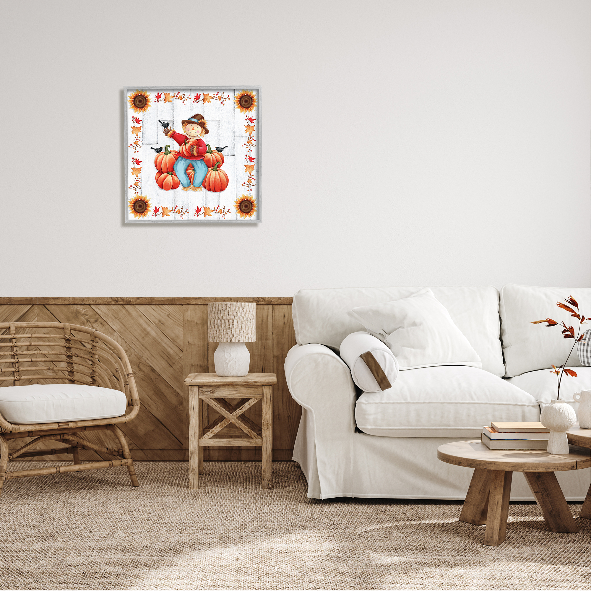 Stupell Industries Autumn Scarecrow & Pumpkins Holiday Painting Gray Framed Art Print Wall Art, 24 x 24