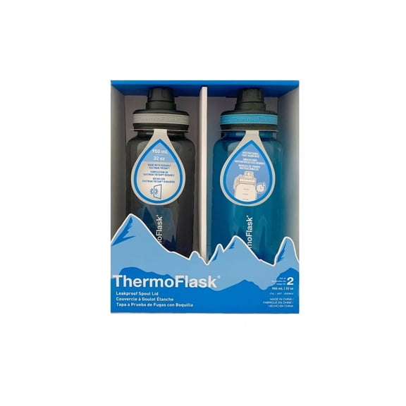 Thermoflask 32 Oz. Motivational Water Bottle with Easy-Carry Loop Handle, 2-Pack, Blue and Black