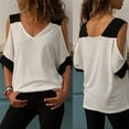 thumbnail image 3 of Clothing T Shirts for Women Casual Contrast Color Off Shoulder V Neck Short Sleeve T Shirt Women Summer Tops for Women 2026 Womens Blouses, 3 of 8
