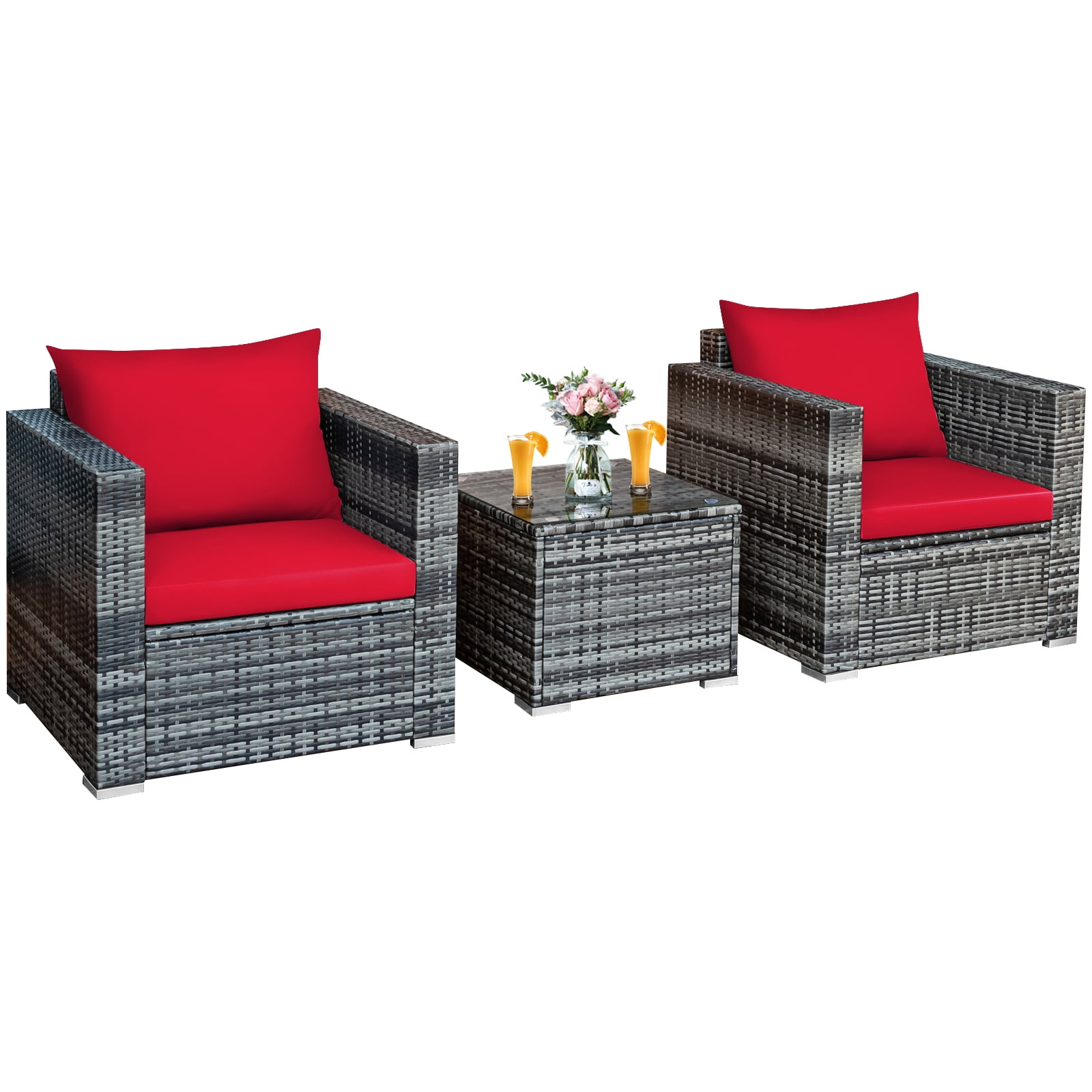 Patiojoy 3Piece Patio Wicker Conversation Set Bistro Rattan Sofa Chair with Washable Cushion
