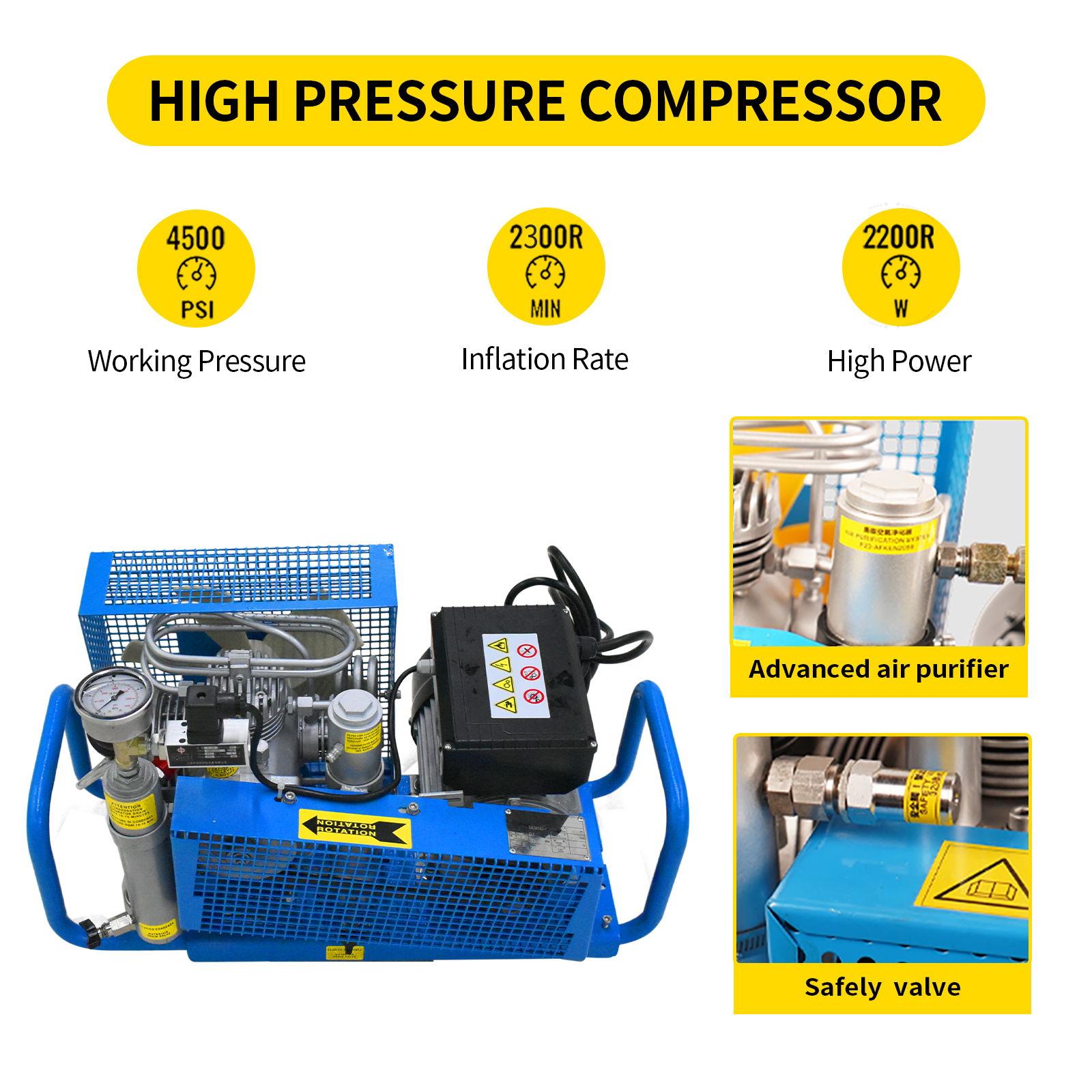 TUDIVING PCP Air Compressor, 4500psi/300bar High Pressure Auto stop Air Pump, 100L/min Air Flow Diving Compressor, Built-in filter for Scuba Tank Paintball, 110V