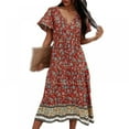 thumbnail image 1 of CNKOO Robes Bohèmes à Imprimé Floral Col en V Manches Courtes Décontractées Plage Maxi Longue Robe, 1 of 6