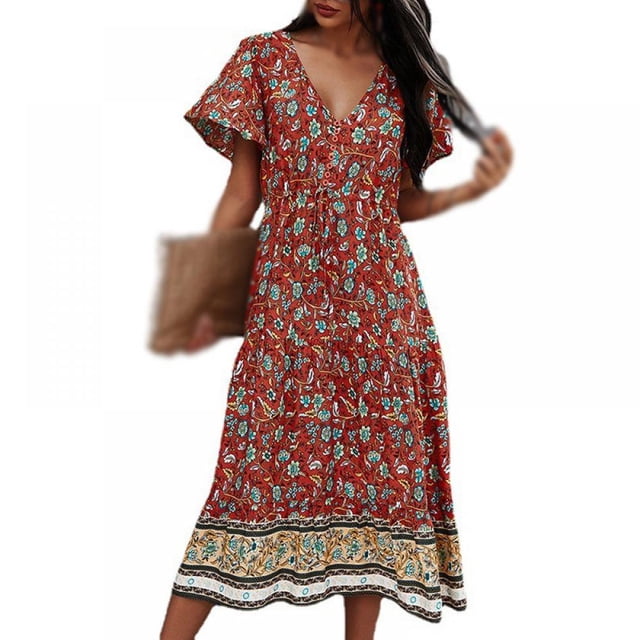 CNKOO Robes Bohèmes à Imprimé Floral Col en V Manches Courtes Décontractées Plage Maxi Longue Robe