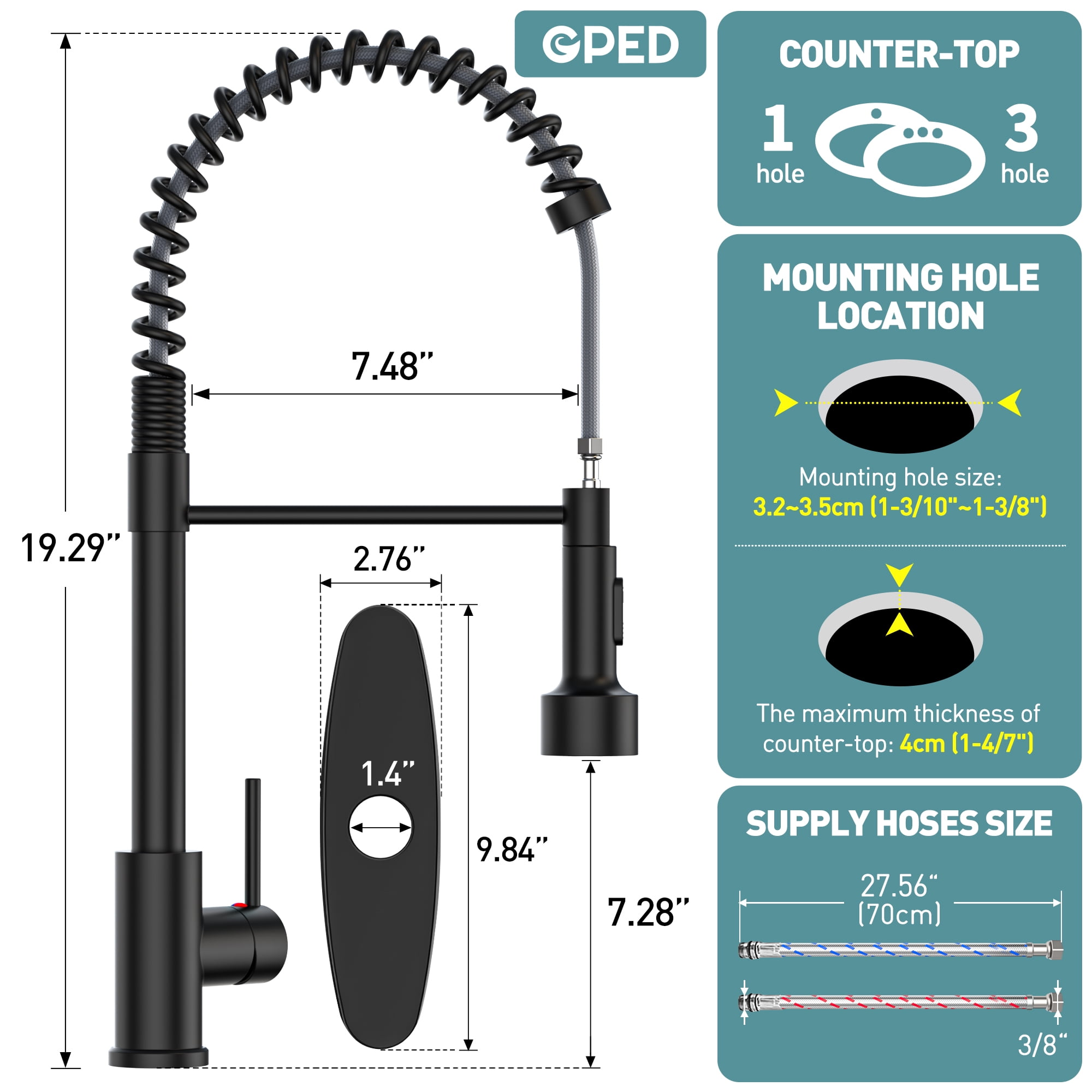 GPED Kitchen Faucet, Kitchen Sink Faucet with Soap Dispenser & Pull Down Sprayer, SUS304 Stainless Steel, Commercial Single Handle Kitchen Faucet with Deck Plate for Laundry Utility Rv,Matte Black