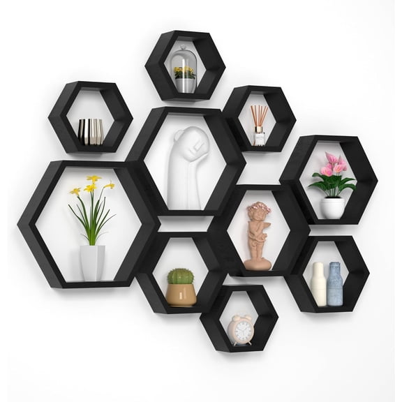 Hexagon Floating Shelves Honeycomb Shelves Wall Mounted Wood Farmhouse Storage Wall Shelf for Bathroom, Kitchen, Bedroom, Living Room,Driftwood Finish Decor