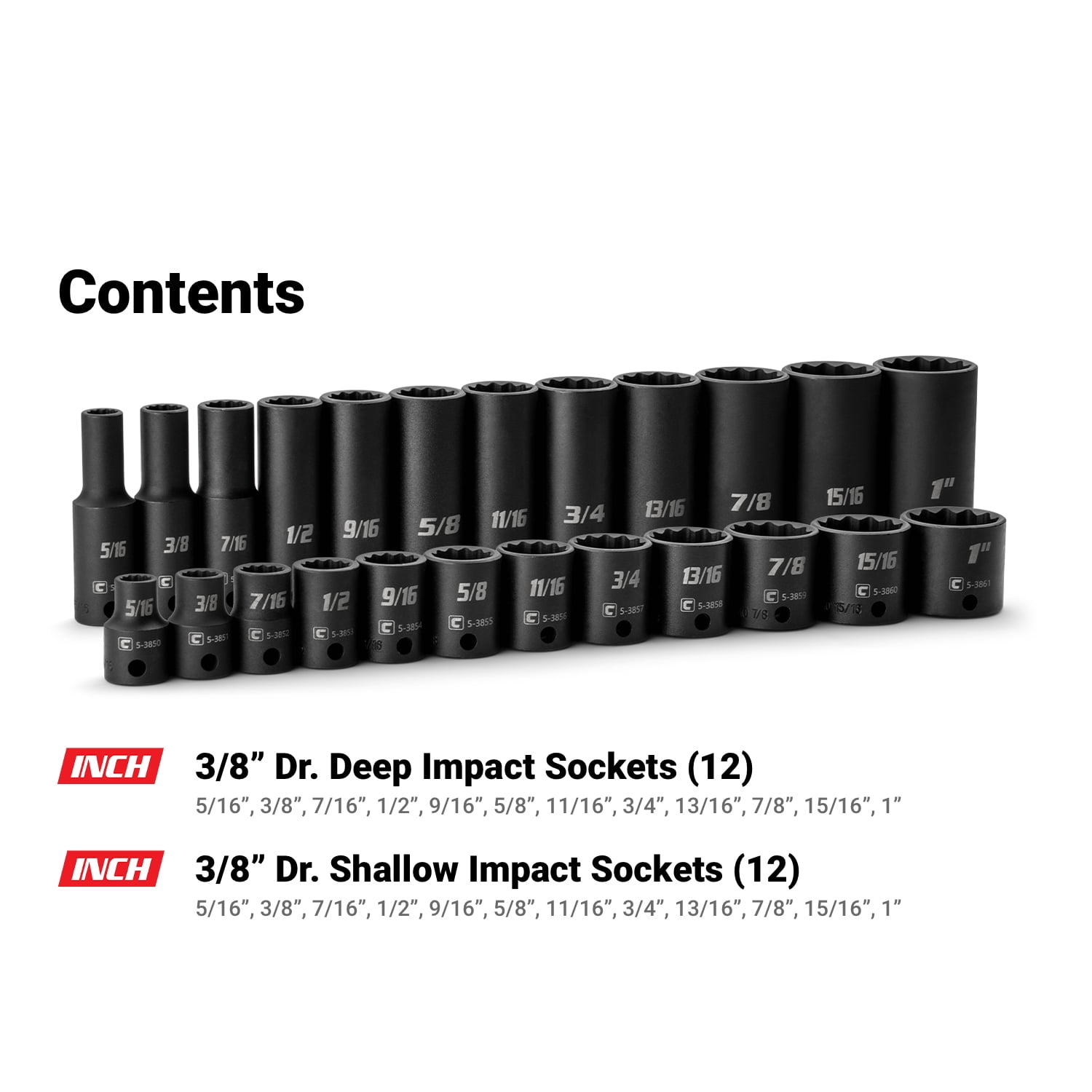 Capri Tools 3/8 in. Drive Shallow and Deep Impact Socket Set, 12-Point, SAE, 5/16 to 1 in., 24-Piece with Red Billet Aluminum Socket Rail