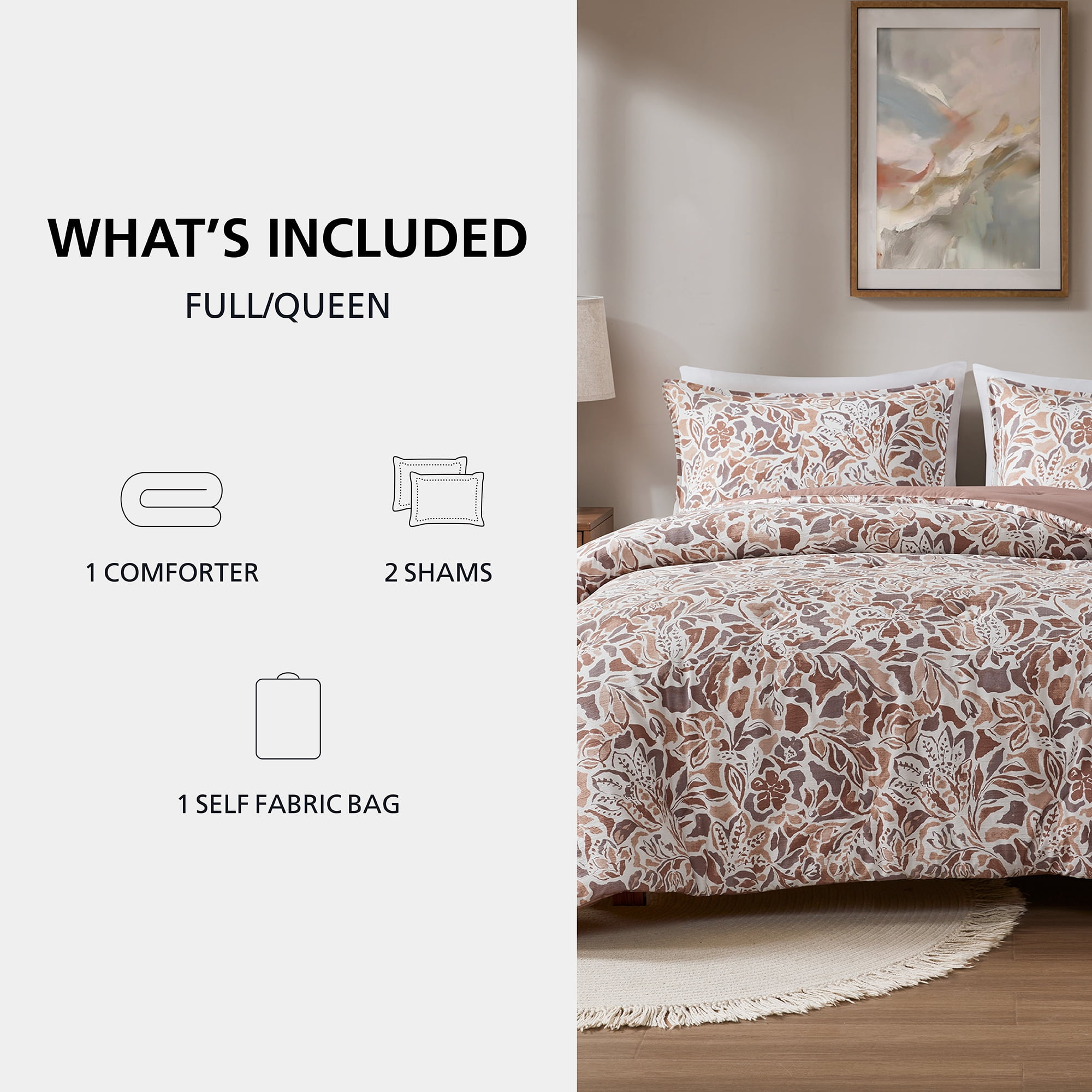 Mainstays Full/Queen Comforter Set, All-Season, 3-Piece, Textured Modern Floral
