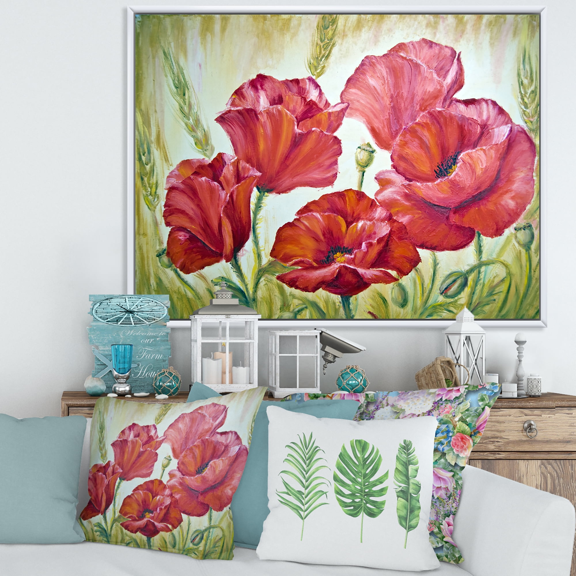 Blossoming Red Poppies In The Morning 32 in x 24 in Framed Painting Canvas Art Print, by Designart