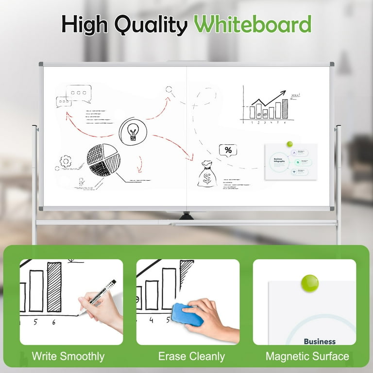 Large Rolling Whiteboard With Stand, 72" X 36" Double-Sided Mobile White Board Dry Erase, Giant Magnetic Dry Erase Board On Wheels For Office, Home & School,Black Frame