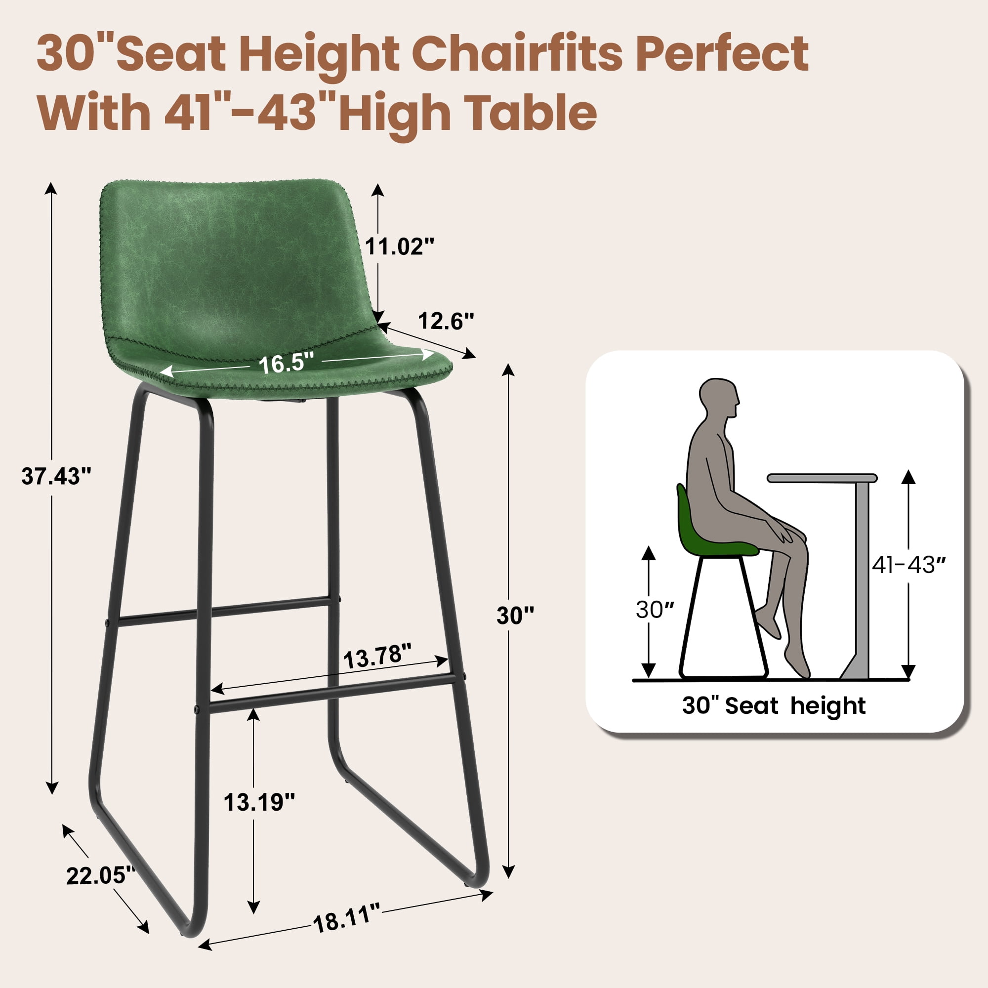 Aufeile 30" Counter Height Bar Stools Set of 2 – Modern Faux Leather Barstools with Back & Metal Legs, Kitchen Bar Chairs for Island, Dining Room, Green
