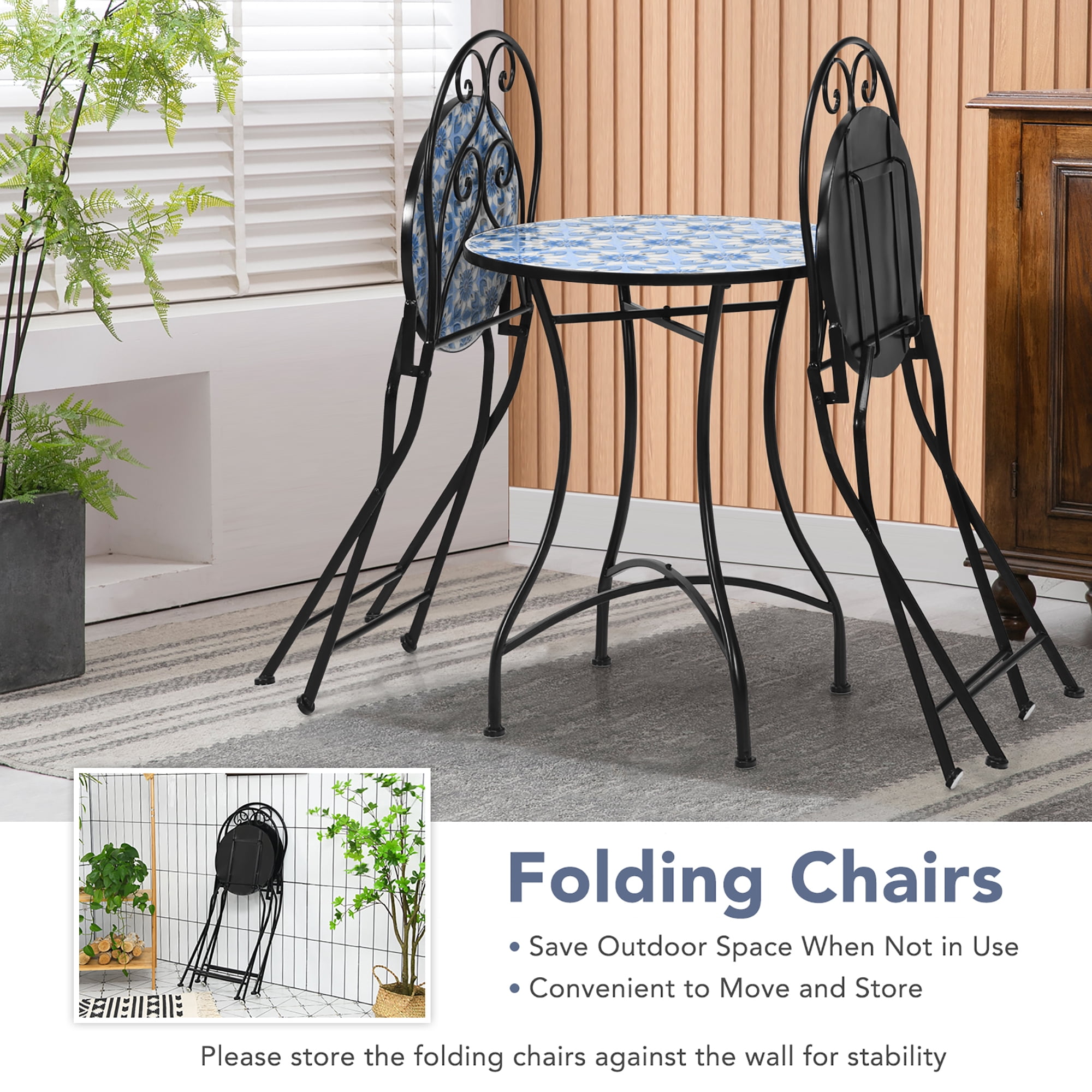 Costway 2PCS Patio Folding Mosaic Bistro Chairs Blue Flower Pattern Seat Garden