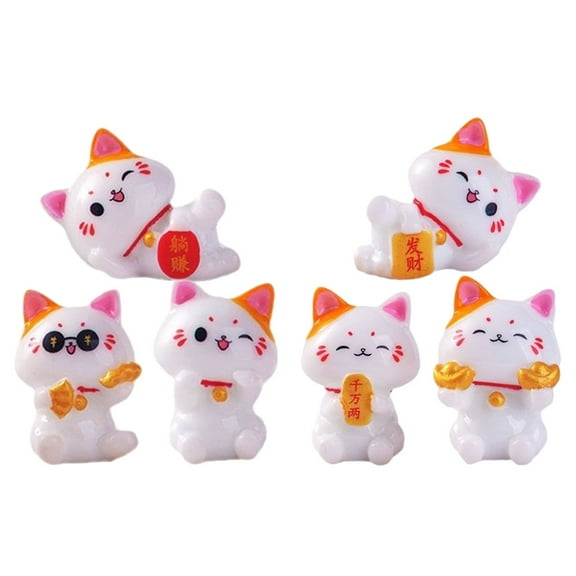 Masteelf 6pcs Tiny Resin Wealth Cat Figurines For Miniature Garden Accessories And Dollhouse Decoration Cute Cat Figurines Lucky Feng Shui Cat For Micro Landscape Ornaments