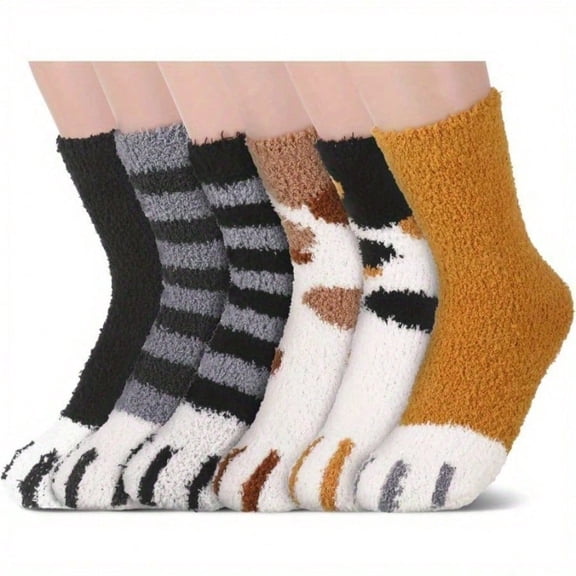 6 Pairs Of Women's Cat Paw Socks - Soft Plush Winter Socks With Elastic Cuffs, Comfortable And Warm Animal Design, - Christmas Gift, Suitable For Cat Lovers, Medium-Sized riendly, Cat Socks