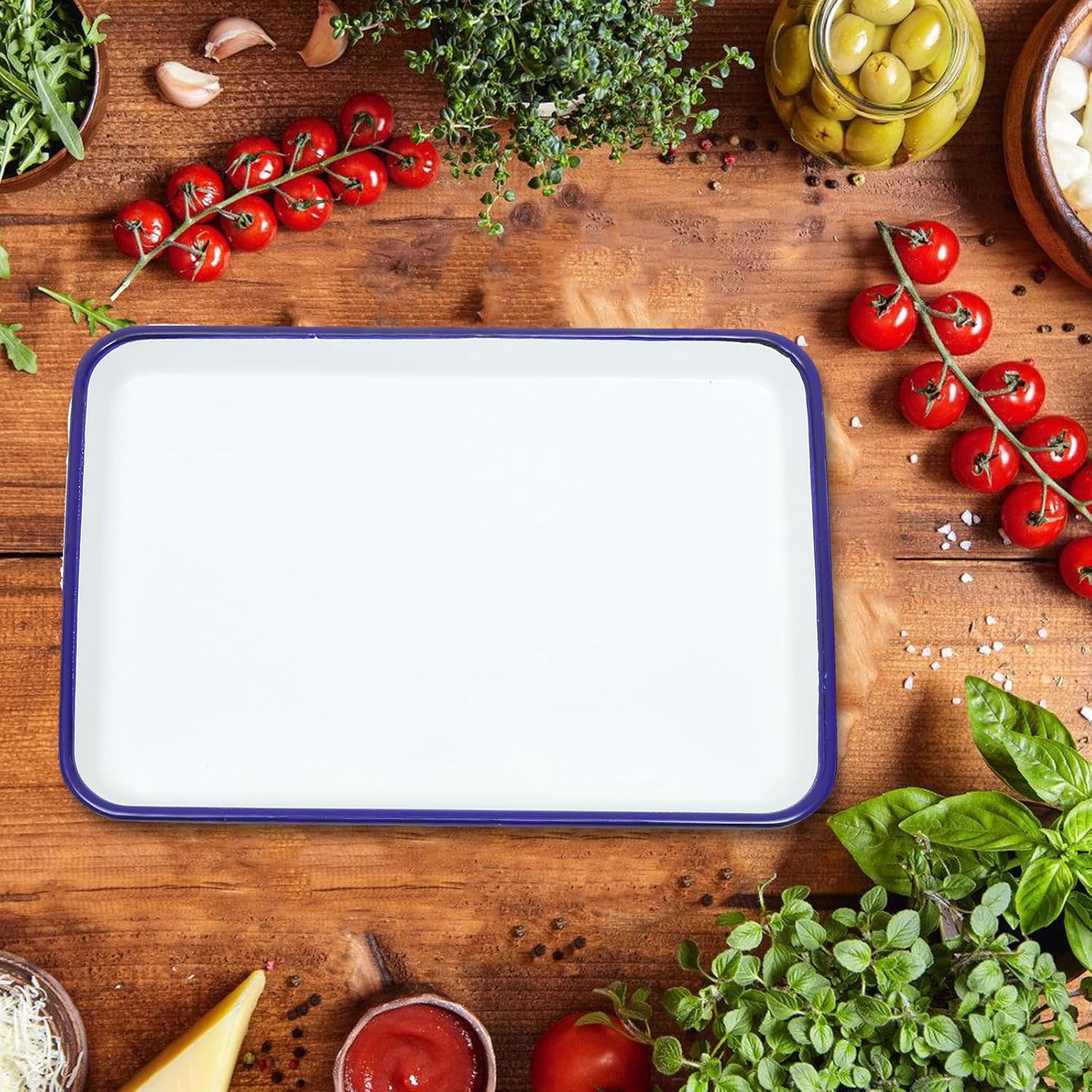 ABCISI Enamelware Tray White Paint Palette Blue Rim Rectangular Enamel Watercolor Palate 7.1 x 10.2 Inch Vintage Baking Cookie Pan for Art Painting Food Storage Home