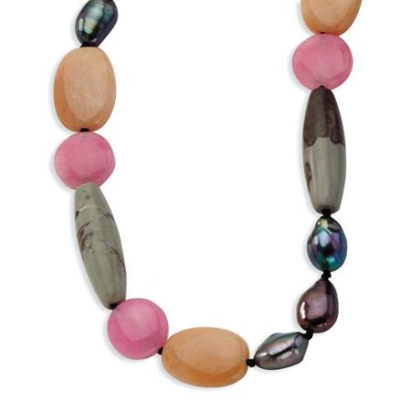 Sterling Silver 30in Aventurine/PinkJade/Freshwater Cult. Pearl/Jasper Necklace