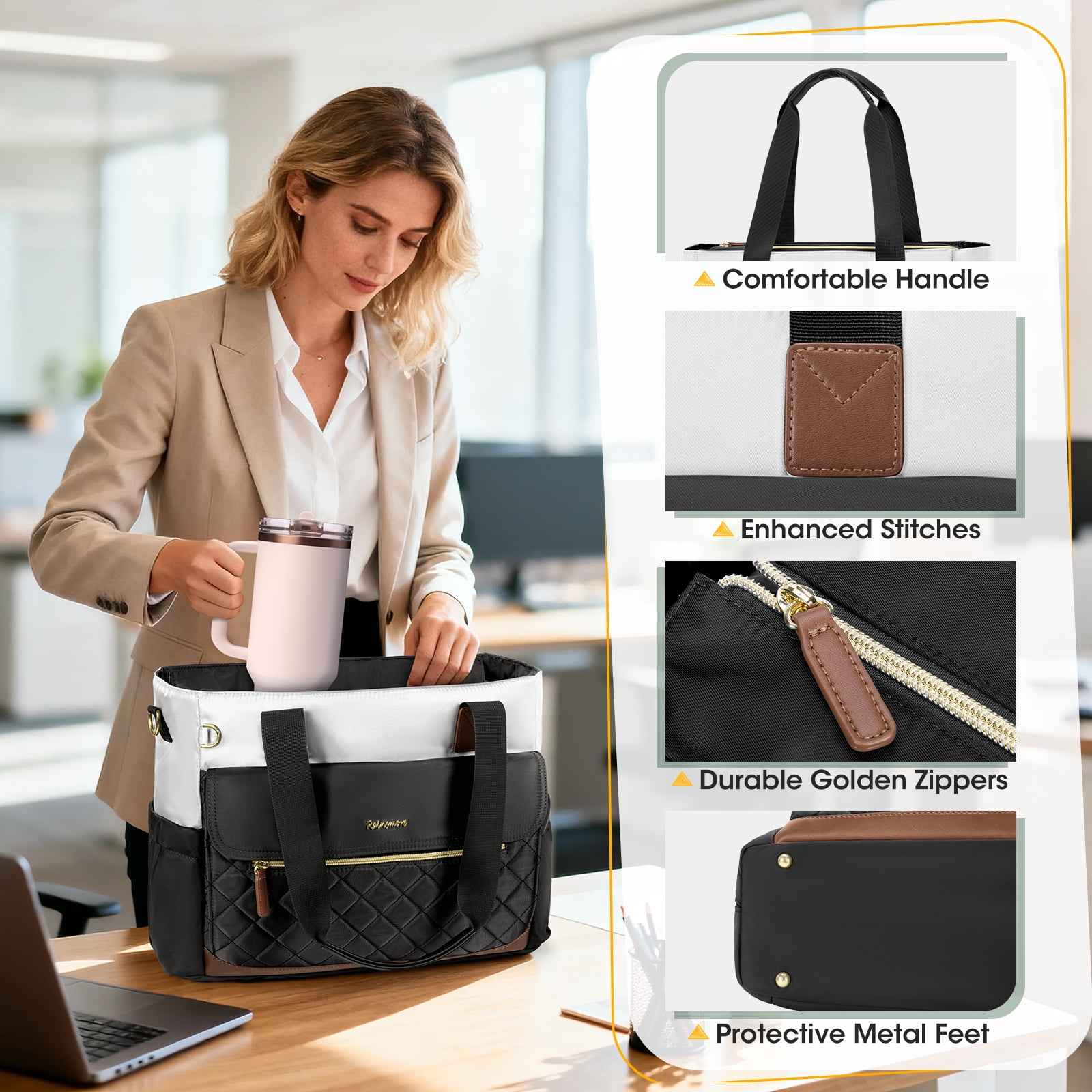 RAINSMORE Teacher Tote Bag 15.6 inch Laptop Bag for Women with Small Bag Professional Work Tote Bags Nurse Bag Computer Briefcase,Black/White/Brown