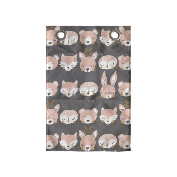 Woodsy Hanging Pocket Organizer, Pastel Colored Sleeping Animal Heads in Stripes Dots and Dashes, Printed Polyester Storage Bag with Pockets, 14" x 20", Grey Peach