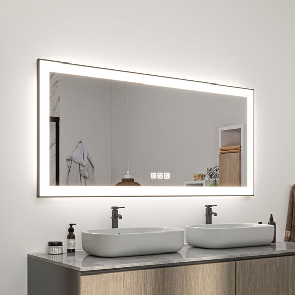 60x28 Inch Rectangular Framed LED Anti-Fog Wall Bathroom Vanity Mirror in Black with Backlit and Front Light