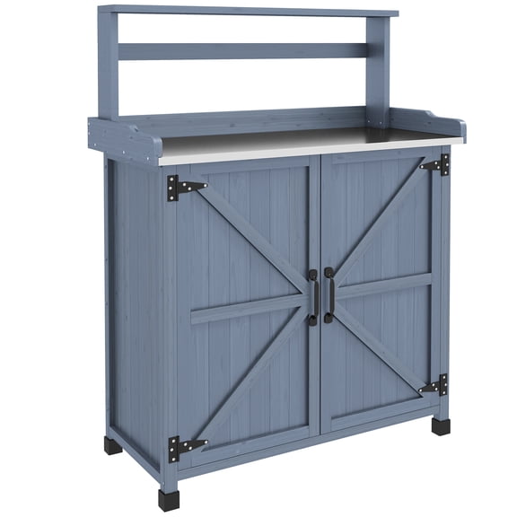 Garden Pots Outsunny Potting Bench, Outdoor Wooden Potting Table with Storage Cabinet with 2 Shelves, Garden Work Bench with Galvanized Plated Tabletop for Backyard, Balcony, Gray,Outdoor Garden Plan
