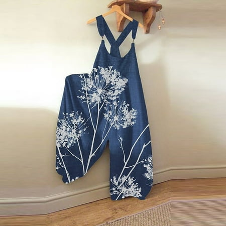 

QWANG New Summer Leisure Floral Casual Loose High Waist Jumpsuit Rompers Vintage