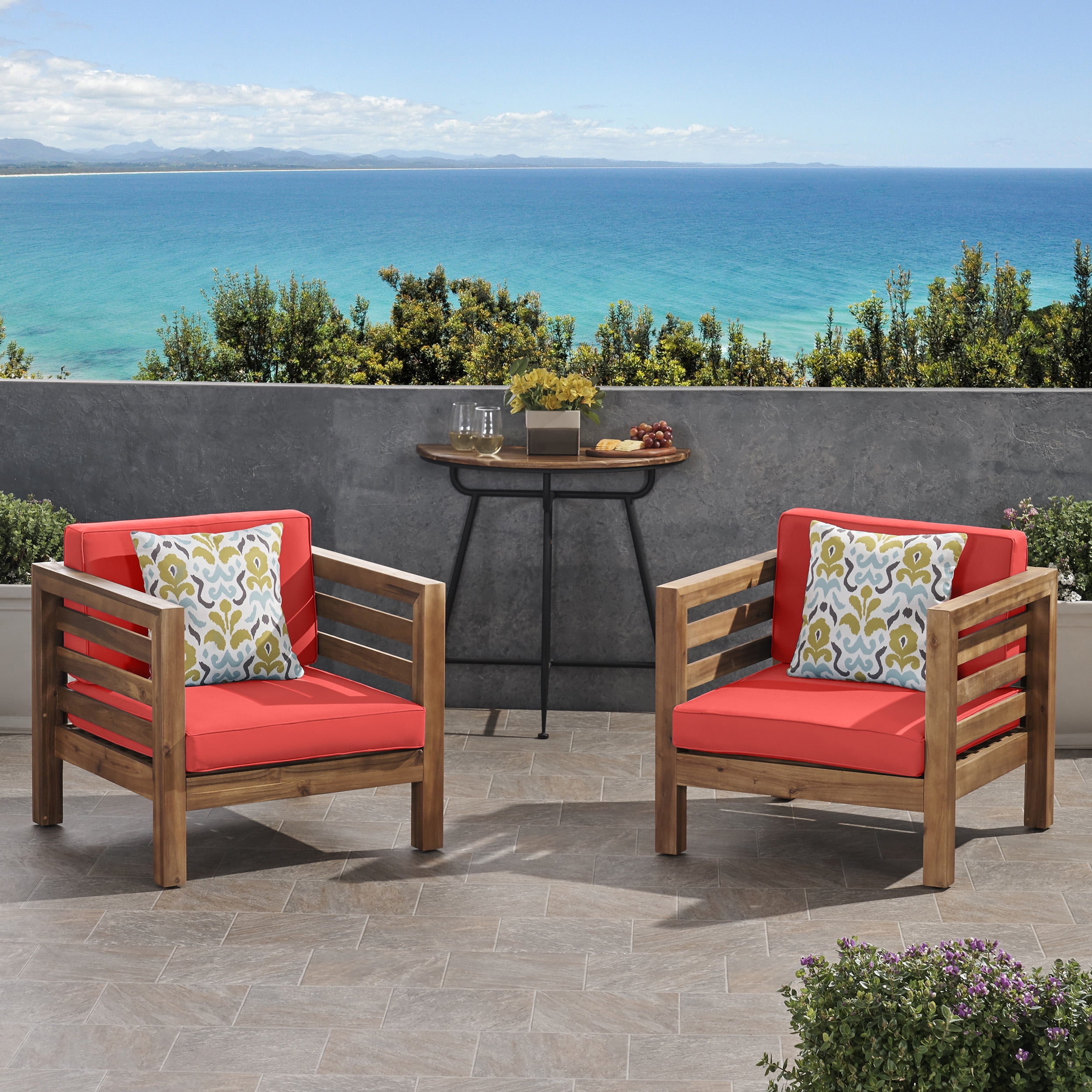 Louise Outdoor Acacia Wood Club Chairs With Cushions Set Of 2 Teak Finish And Red Walmart Com Walmart Com