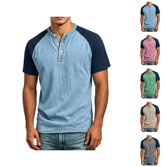 Henley Shirts for Men Summer Casual Crew Neck Raglan Short Sleeve Color Block Tops Dress Shirts