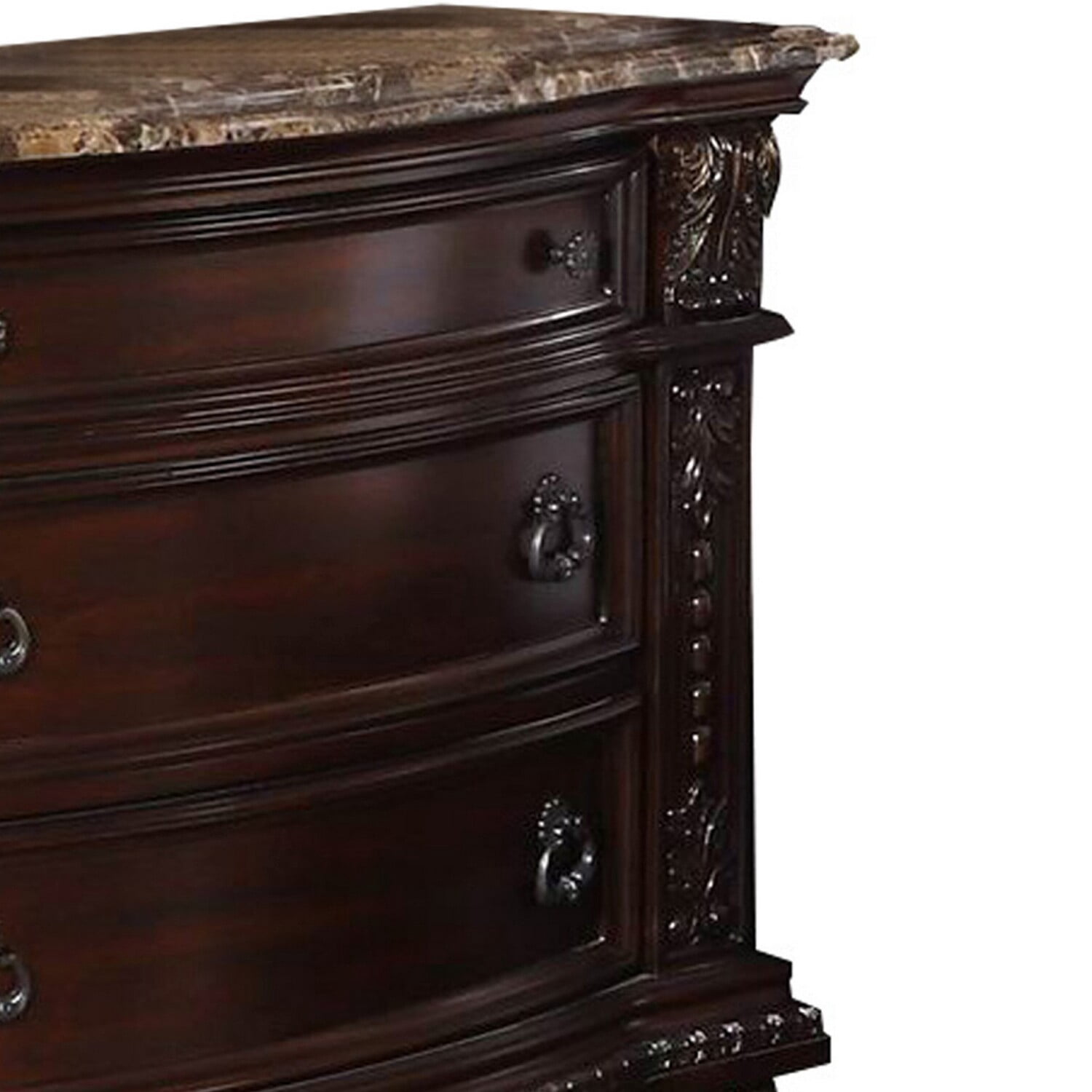European Style Nightstand with 3 Drawers and Marble Top, Dark Cherry Brown- Saltoro Sherpi