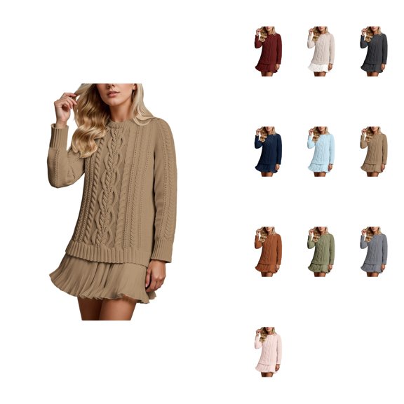 Cable Knit Sweater Dress Women's Crewneck Long Sleeve Pleated Patchwork Tunic Top with Skirt Hem Casual Fall Fashion Daily Wear Outfit