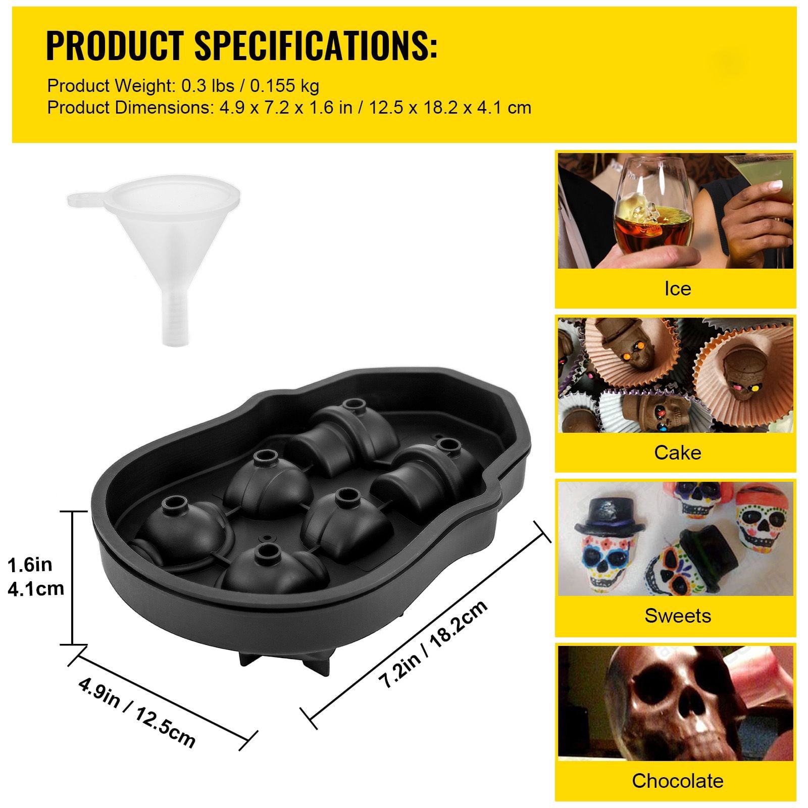 6-Grid Skull Shaped Ice Cube Tray with Lid & Funnel, Food-Grade Silicone 3D Skull Mold, Sealed Leak-Proof for Whiskey Cocktails Halloween Party Bar