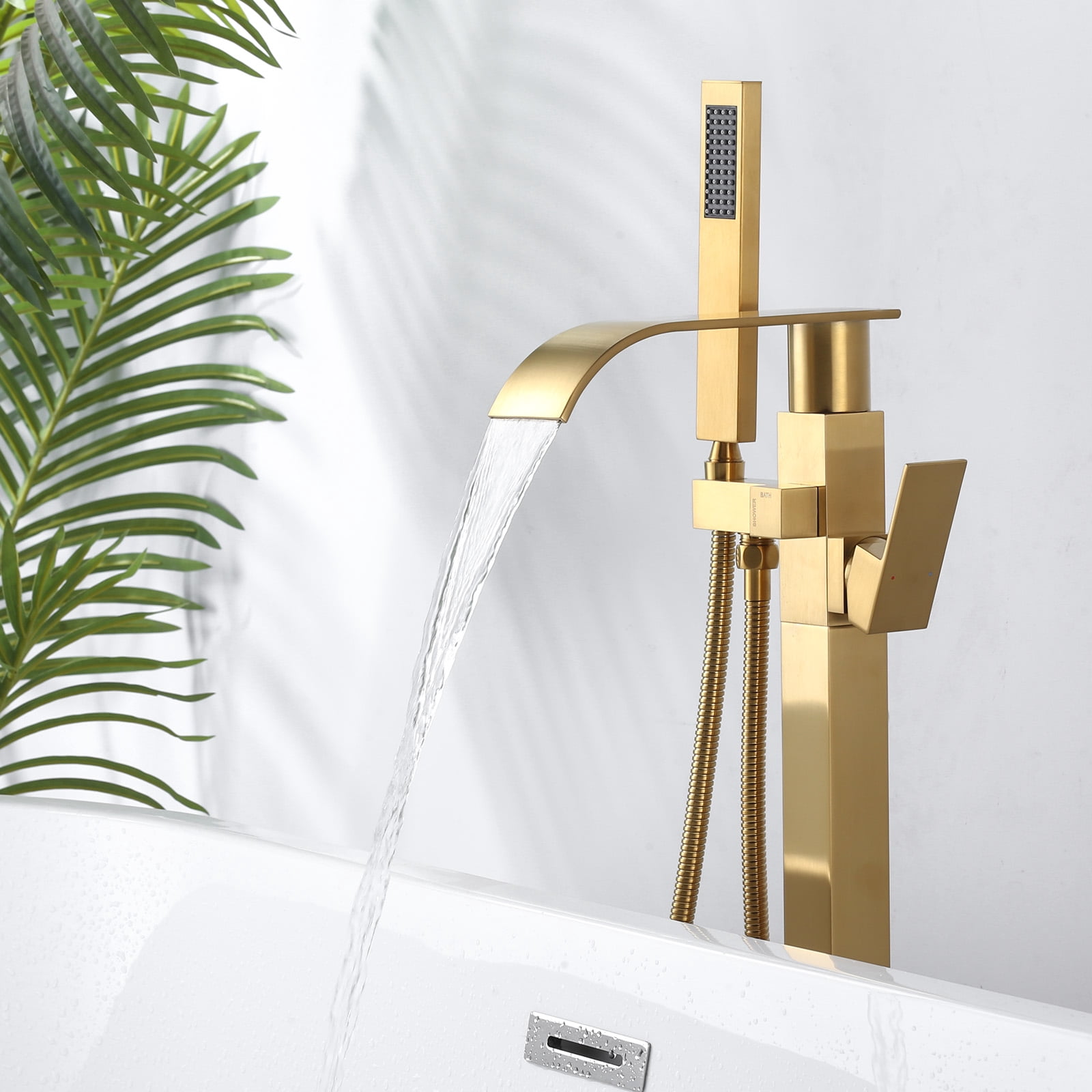 Wowow Brass Waterfall Single-Handle Floor Mount Freestanding Bathtub Faucet with Hand Shower and Supply Line in Gold