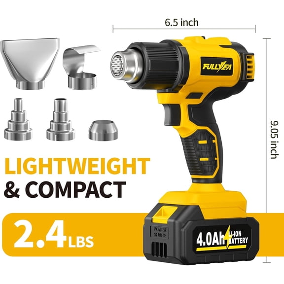 Cordless Heat Gun, Max 1022 ° F (550 ° C), Lightweight Hot Air Gun with 5 Nozzles & 2x4.0Ah Batteries, Portable Heat Gun Kit for Shrink Tubing, PVC Wrap,  Crafts (Yellow)