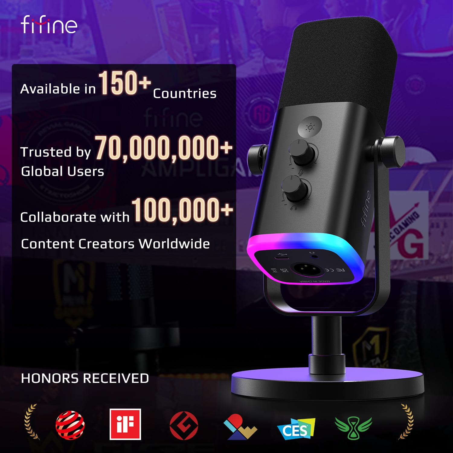 FIFINE AM8 XLR USB Dynamic Microphone for Computer PC PS5, Gaming/Podcast Mic with Clear Voice, RGB Light, Headphone Jack, Mute Button, Desktop Stand for Streaming, Music Recording