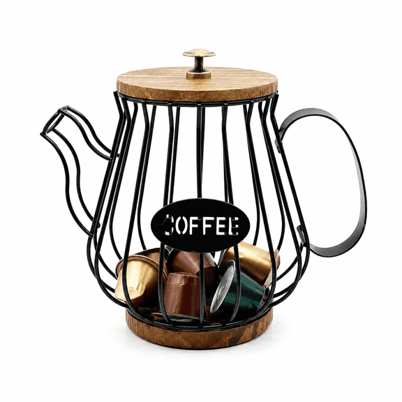 Klsdynlned Teapot Shaped Fruit Basket, Black Wire Storage Holder with Wood Lid and Handle, Geometric Countertop Organizer for Kitchen, Dining Room, and Home Decor